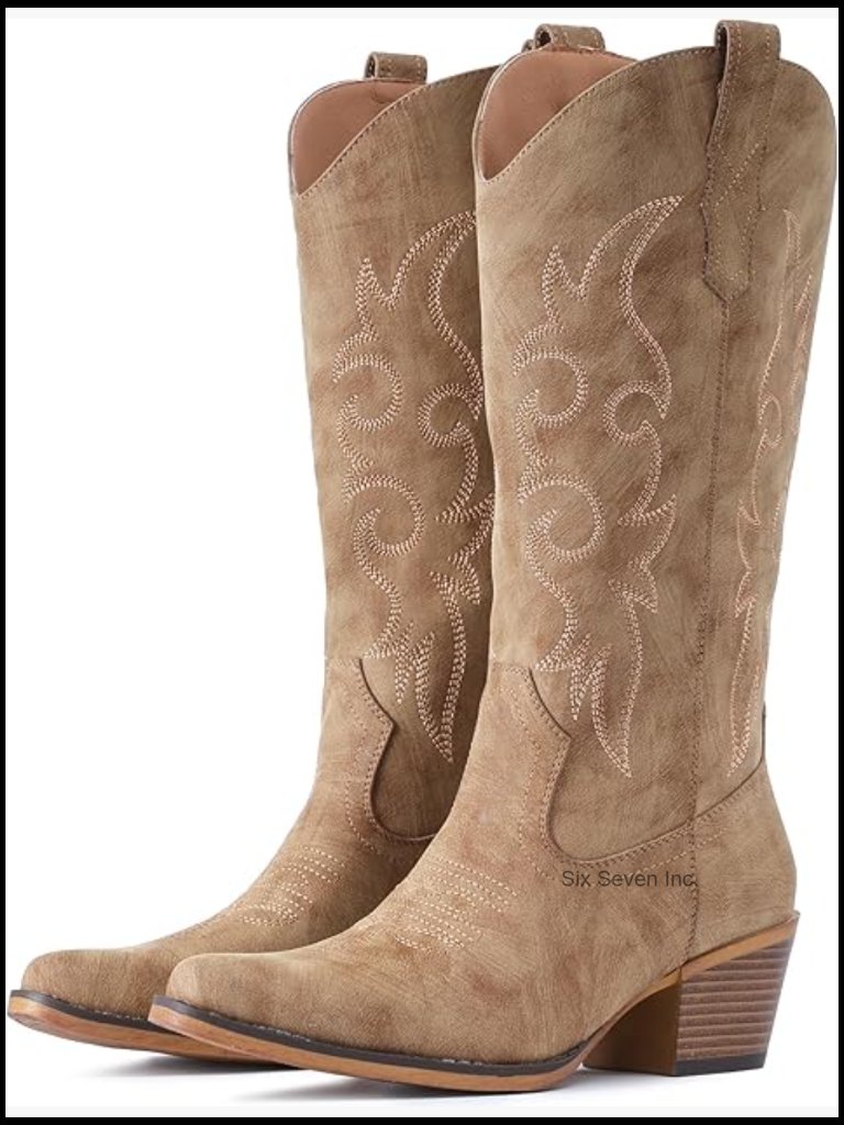 Handcrafted Cowboy Boots With Embroidery, Chunky Heel, Faux Leather